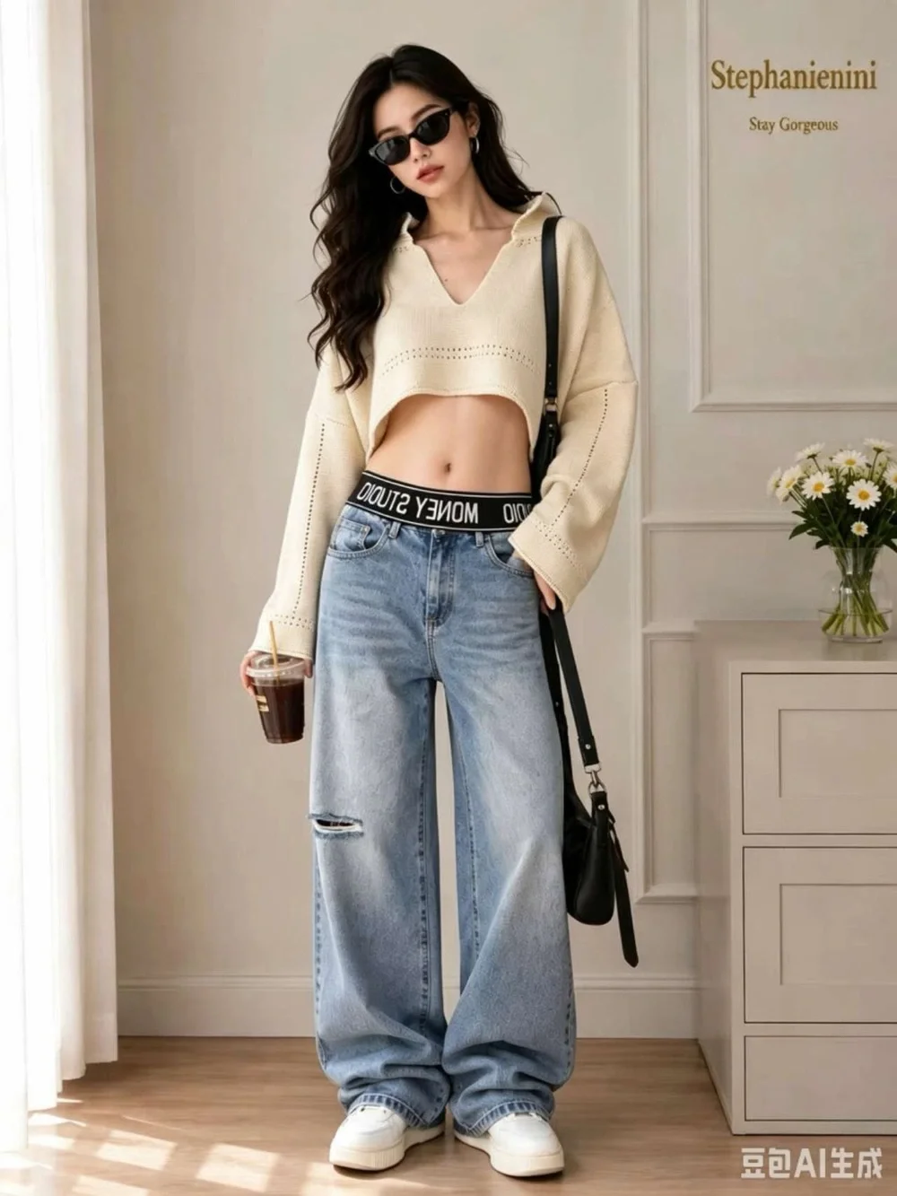 Women’s Cream V-Neck Cropped Open Knit Sweater